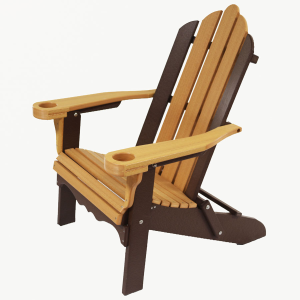 A tan and brown Adirondack chair sitting at an angle.