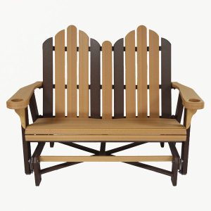 A tan and brown Adirondack Double Glider chair, front-facing towards the camera.