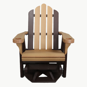 A brown and tan glider Adirondack swivel chair facing towards the camera.