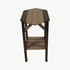 A brown and tan end table facing towards the camera.