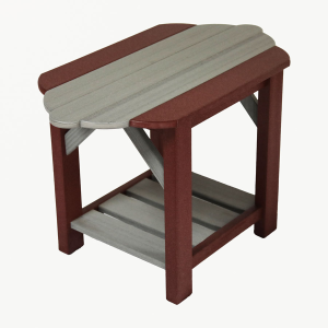 A red and gray end table sitting at an angle.