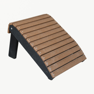 A brown and black folding foot stool sitting at an angle.