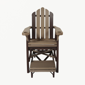 A brown and tan high Adirondack glider chair facing towards the camera.