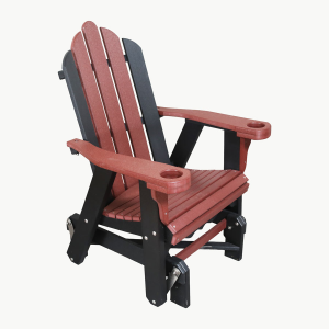 A single red and black Adirondack glider chair sitting at an angle.