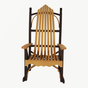 A brown and tan rocking chair facing towards the camera.