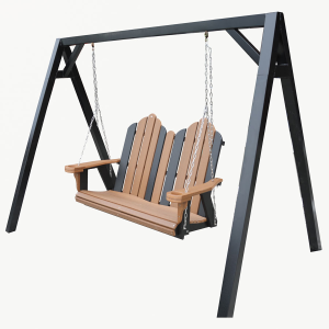 A brown toned Adirondack double swing chair facing towards the camera, with chains holding the seats up to a black support a-frame