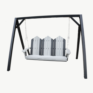 A light and dark gray Adirondack triple swing chair facing towards the camera, with chains holding the seats up to a black support beam.
