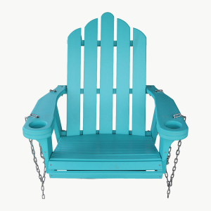 A turquoise Adirondack chair with chains hanging from it facing forward.