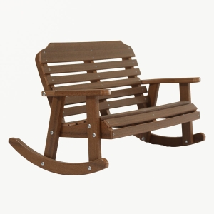 A child-sized brown double rocker sitting at an angle.