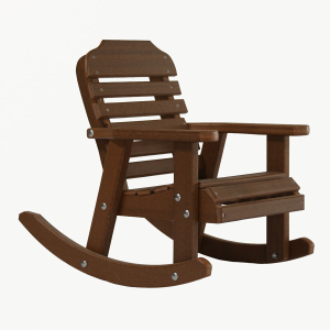 A child-sized brown rocker sitting at an angle.