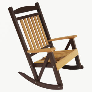A tan and brown rocking chair, sitting at an angle.